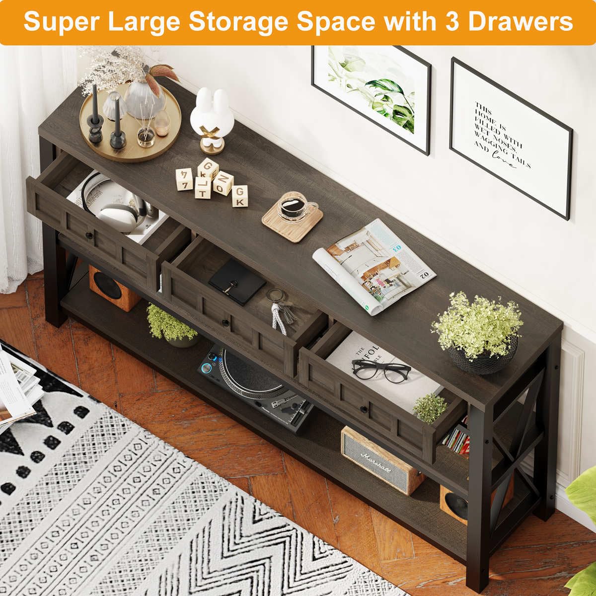 FATORRI Console Table with Storage for Entryway, Rustic Sofa Table with 3 Drawers for Living Room, Farmhouse Hallway Tables and Couch Tables Behind Sofa (54.72 Inch Long, Walnut Brown)