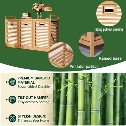 Bamboo Hidden Tilt-Out Laundry Hamper, 3 Compartment Laundry Sorter with Removable Waterproof Liner, Slim Organizer for Bathroom Bedroom Laundry Room