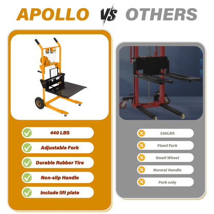 APOLLOLIFT Material Lift Winch Stacker, 440 lbs Capacity 35.4" Lifting Height, Manual Stacker Pallet Jack Truck Dolly with Swivel Casters and Lift Plate