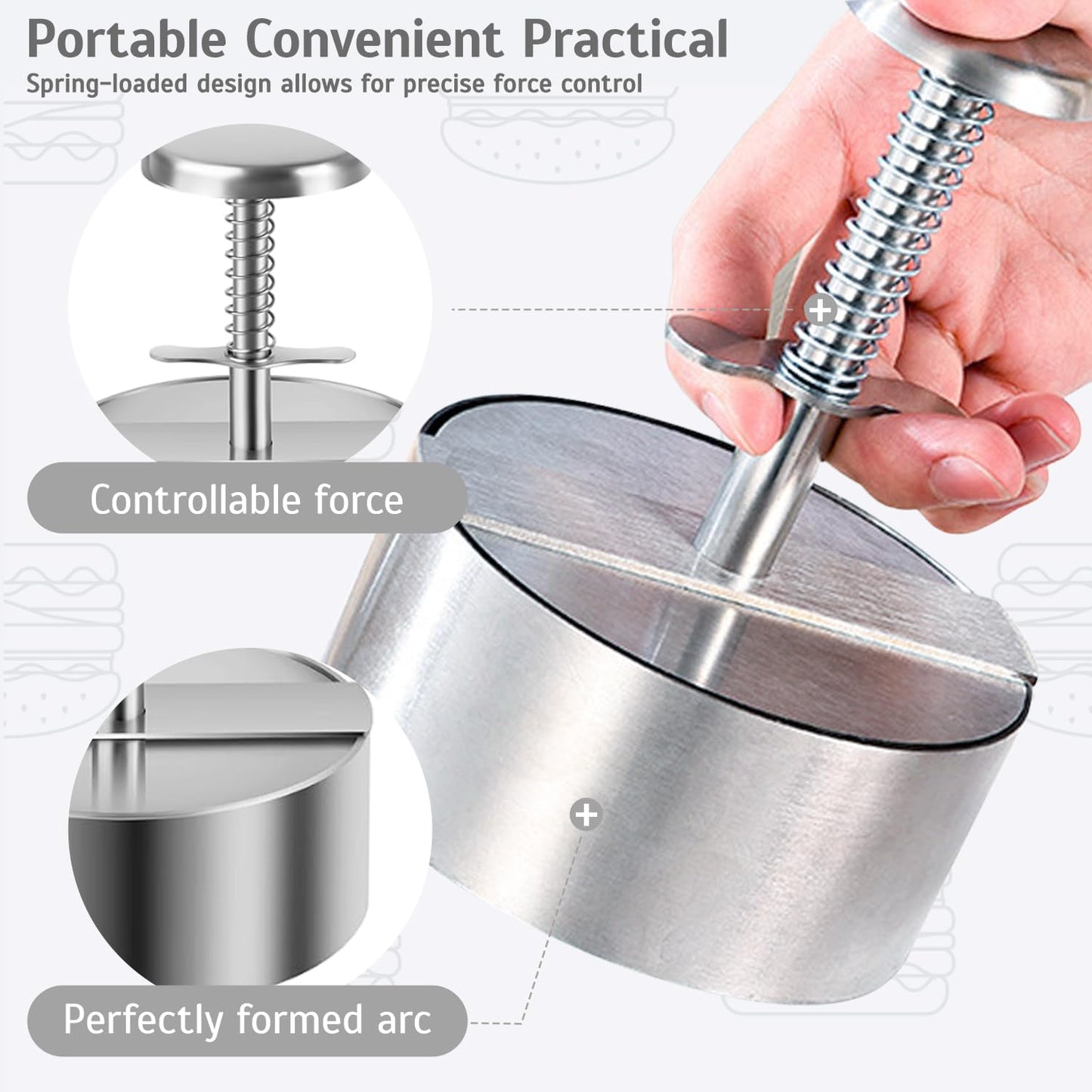 IGRARK Stainless Steel Burger Press,4.5" Hamburger Patty Maker,with Non-Stick Mold & Spring Button, Heavy Duty Easy Release,with 150 Pieces of greaseproof Paper for Beef, Burgers, BBQ