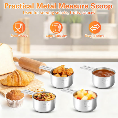 Akamino 4 Pack 1 Cup Stainless Steel Measuring Cup, 250 ml | 240 cc | 8 oz Single Measuring Cups with Handle, Small Measuring Scoops Coffee Scoop for Kitchen Cooking Baking
