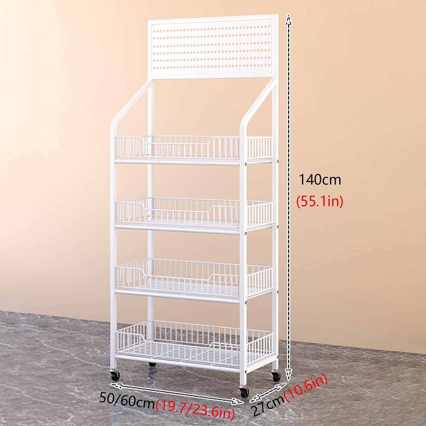 Movable Snacks Fruit and Vegetable Basket Storage Rack, Large Capacity Bakery Convenience Store Supermarket Display Stand, 4-Tier Kitchen Rolling Car(White 50x27x140cm)