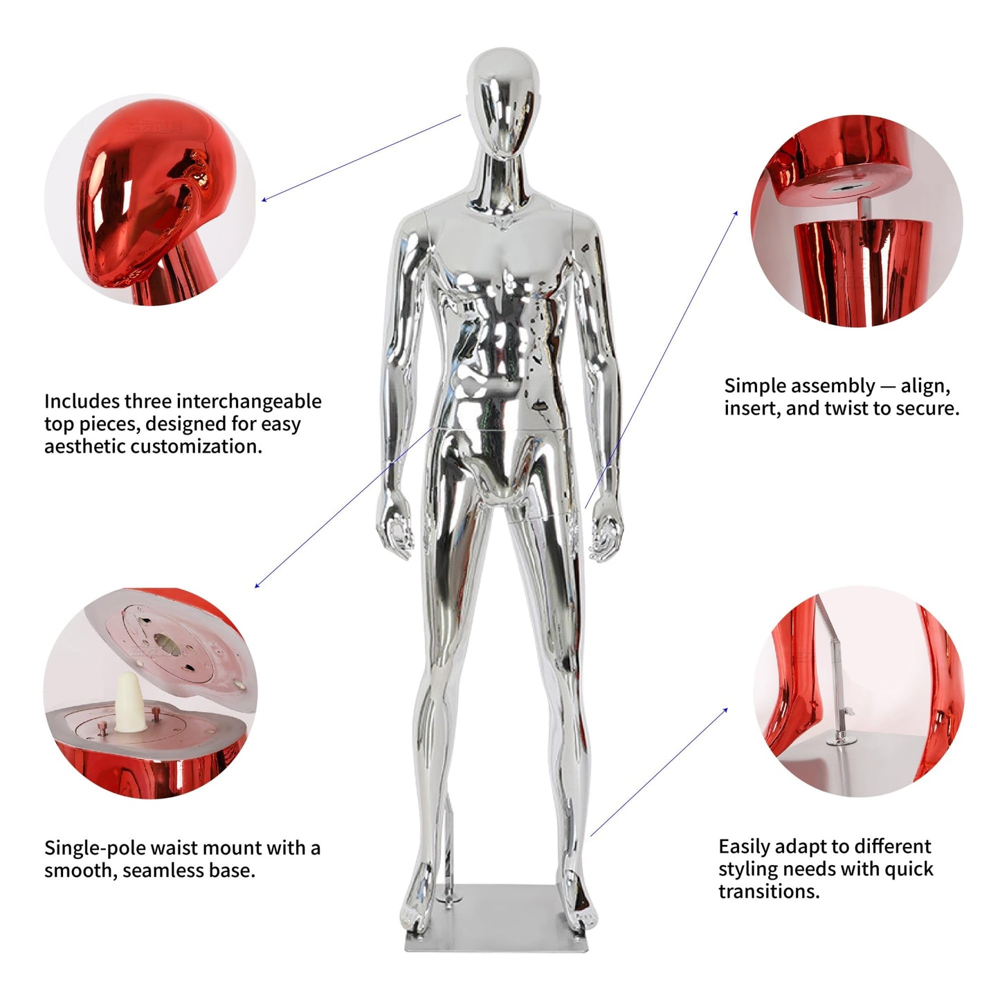 Full Body Male Mannequin with Chrome Metallic Finish, Fiberglass Abstract Dress Form with Posable Head, Futuristic Retail Display Dummy with Metal Base for Men's Fashion Window(Chrome Red)