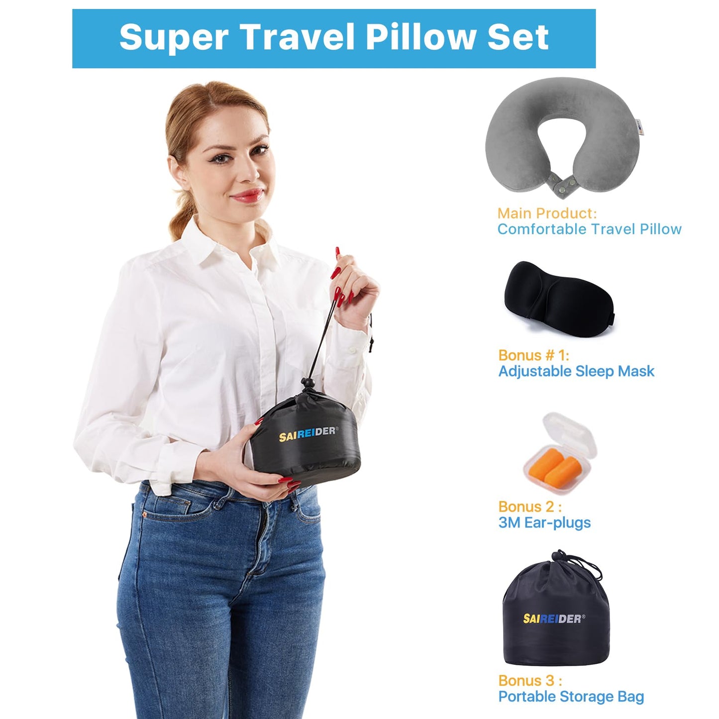 SAIREIDER Neck Pillows for Travel-Head Neck Support Travel Pillow for Traveling, Car, Home, Office Adjustable(Navy Blue)
