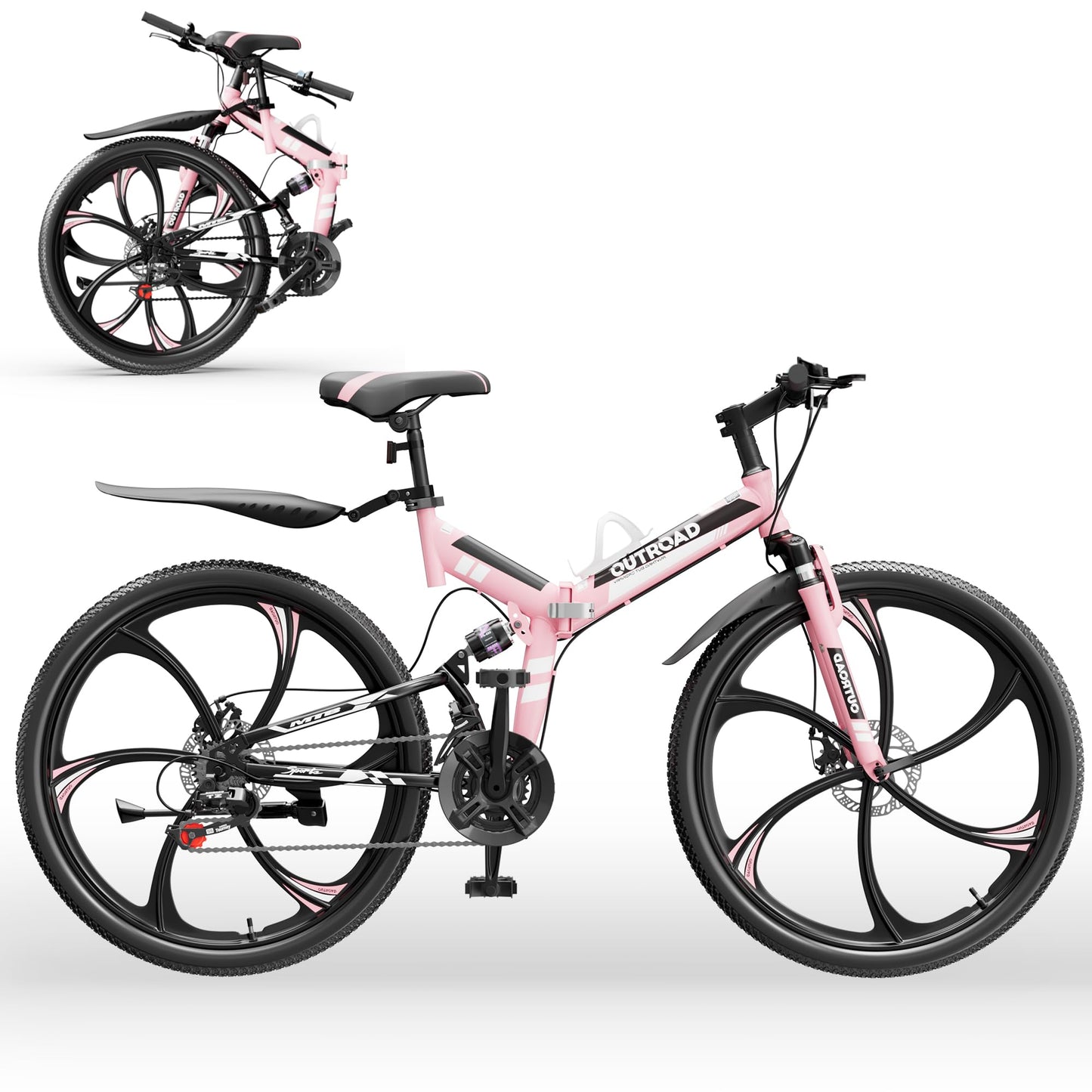 Outroad 26 Inch Folding Mountain Bike for Adults/Men/Women, 21 Speed Full Suspension High-Carbon Steel MTB Foldable Bicycle, Dual Disc Brake Non-Slip Folding Bikes, Pink