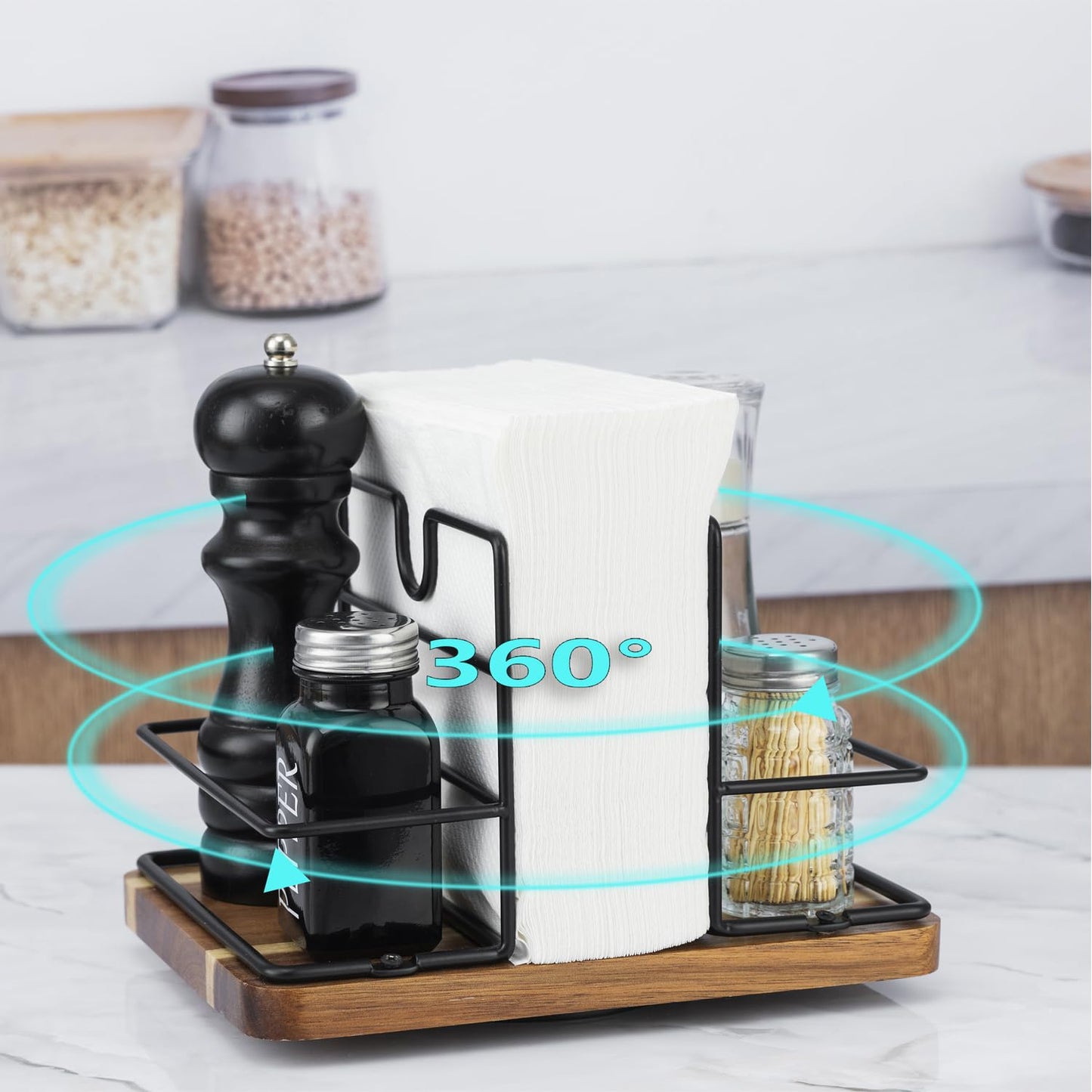 Napkin Holder for Table, Rotating Metal Napkin Holder with Salt and Pepper Shakers, Rotating Standing Napkin Dispenser for Kitchen Dining Table Decor, Not Including Salt and Pepper Shakers - Black