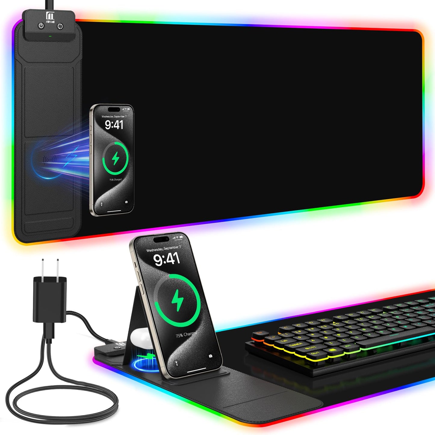 Mouse Pad with Wireless Charging, Large Desk Mat RGB Gaming Mousepad, 10 Light Colors LED Gaming Pad Keyboard Pad with Ultra-Smooth Surface & Non-Slip Rubber Base, Waterproof Full Desk Mouse Pad