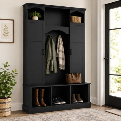 FILWY ON-Trend Modern All-in-One Hall Tree with Adjustable Shelves, Classic Arched Farmhouse Storage Bench with Dual Side Cabinets, Elegant Entryway Organizer with 7 Hooks for Mudroom, Hallway