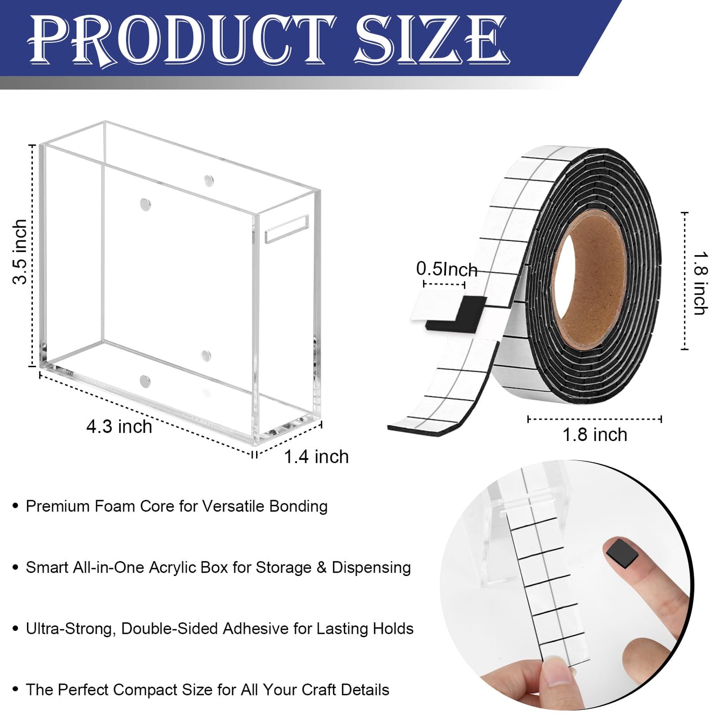 HKSZEH Double Sided Foam Tape for Crafts 0.4 X 0.5 in Pre Cut Double Sided Foam Squares Roll with Acrylic Storage Box Foam Adhesive Squares for Crafts Arts DIY Office Supplies