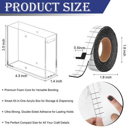 HKSZEH Double Sided Foam Tape for Crafts 0.4 X 0.5 in Pre Cut Double Sided Foam Squares Roll with Acrylic Storage Box Foam Adhesive Squares for Crafts Arts DIY Office Supplies