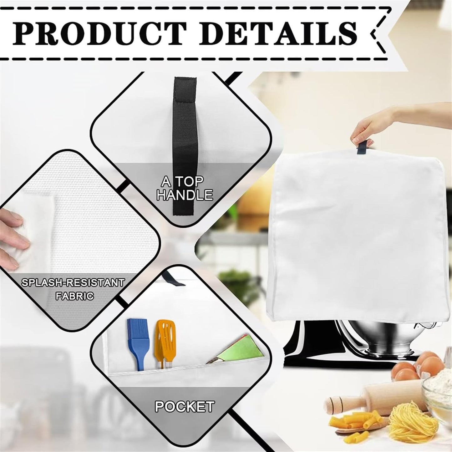 Stand Mixer Cover Compatible with Kitchen Aid Mixer, White Marble Print Dustproof Cover with Pockets for Tilt Head