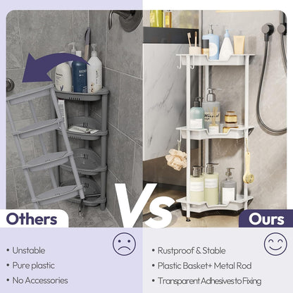 3 4 SWTYMIKI Corner Shower Caddy Standing - Tier Floor Standing Shower Organizer with Hooks, Plastic & Stainless Steel