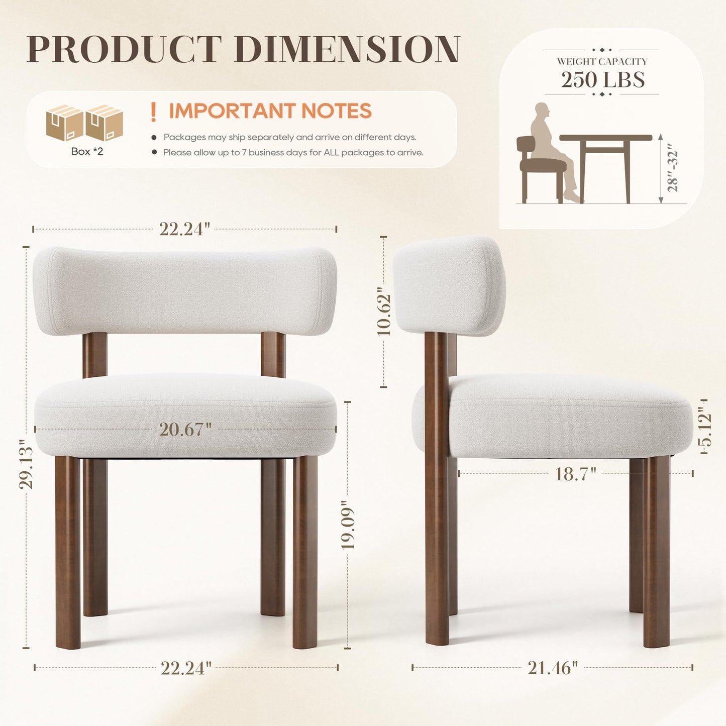 smartue Wooden Dining Chairs Set of 6, Upholstered Kitchen Chairs with Solid Wood Legs, Mid Century Dining Room Chair with Ergonomic Curved Backrest for Kitchen Dining Vanity, Beige