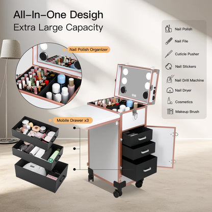 Rolling Portable Manicure Table with 3 Drawers, Lockable Makeup Train Case with Mirror & Nail Polish Organizer, Foldable Nail Desk with Wheels & Handle for Mobile Nail Techs & Salon Use,White