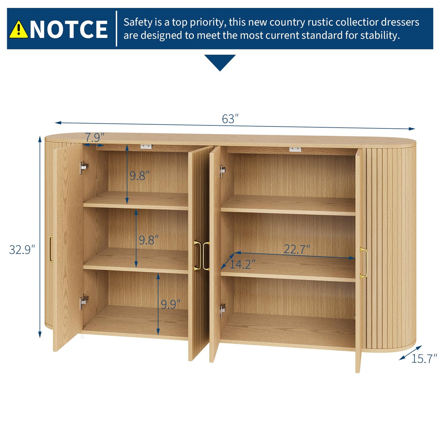 GarveeHome 63" Sideboard Buffet Cabinet with Storage, Modern Fluted Accent Credenza with Adjustable Shelves, Wood Coffee Bar with Curvy Edge, Console Table for Living Room Kitchen Dining Room Hallway