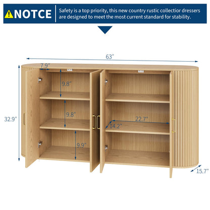 GarveeHome 63" Sideboard Buffet Cabinet with Storage, Modern Fluted Accent Credenza with Adjustable Shelves, Wood Coffee Bar with Curvy Edge, Console Table for Living Room Kitchen Dining Room Hallway