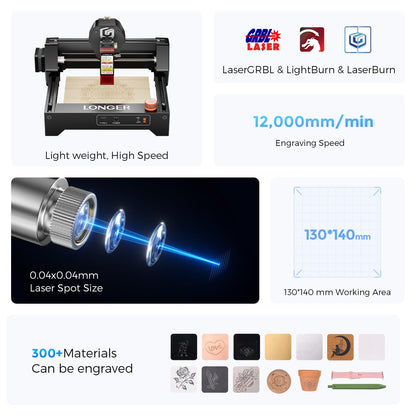 LONGER Ray5 mini 3.5W Portable Laser Engraving Machine with Rotary Roller Kits and 8 Pcs Raiser, 12000mm/min, Ideal for DIY Projects on Wood, Metal, Acrylic, Leather, and More
