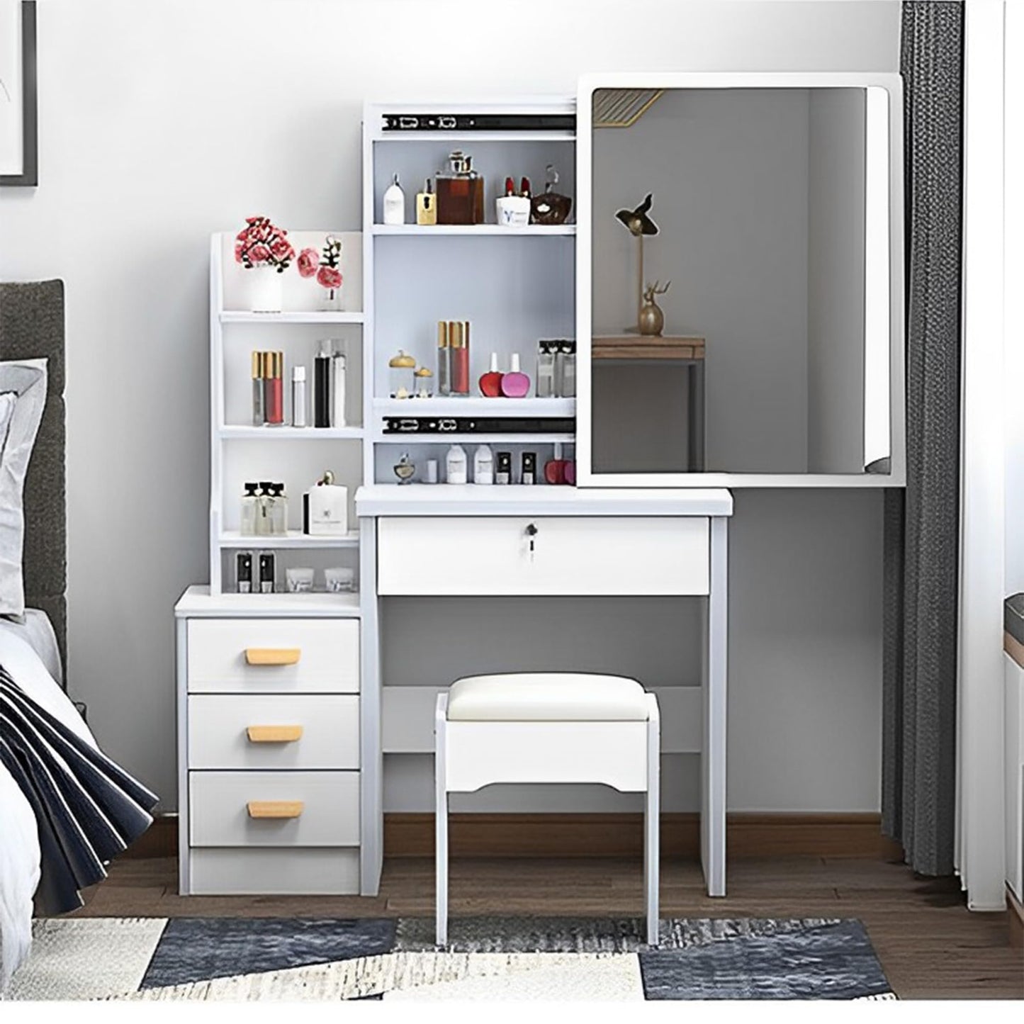 KEIKI Vanity Desk with Mirror for Makeup, Dressing Table Set with Stool,4 Drawers, White