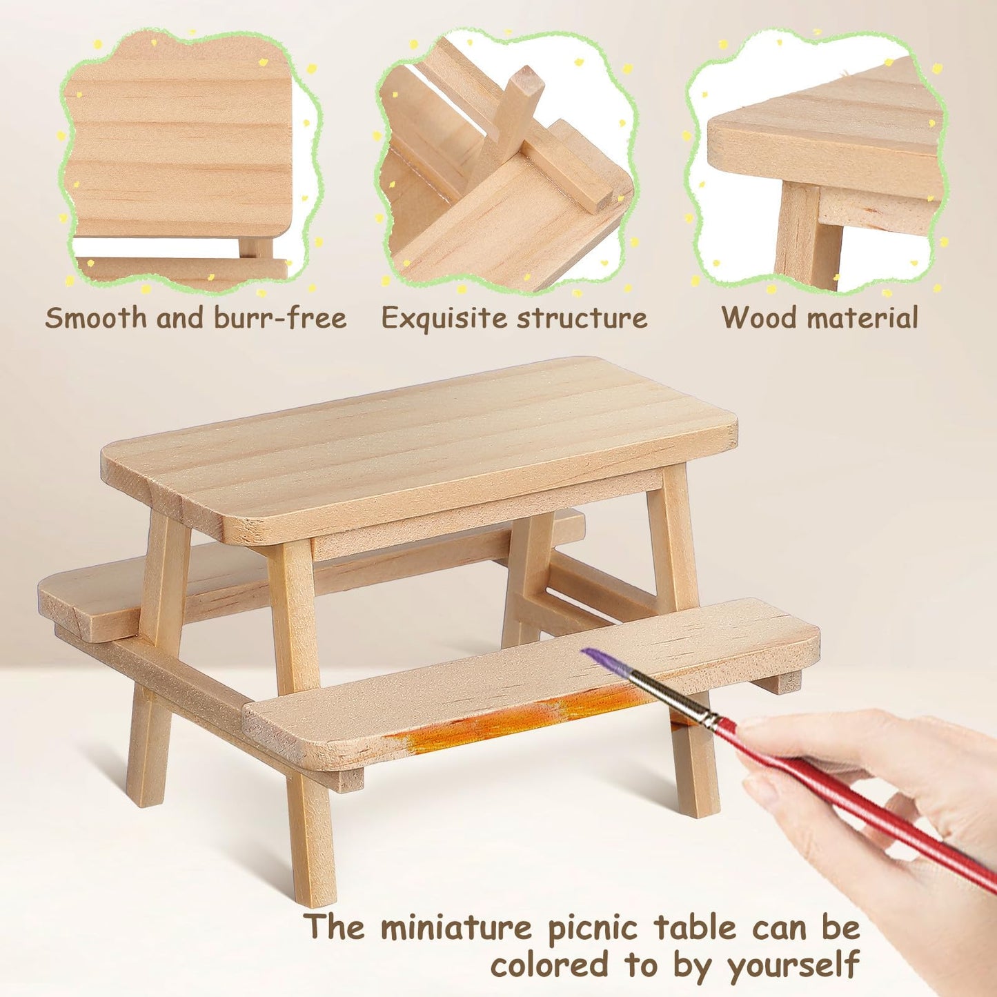 Garneck 1/12 Scale Miniature Dollhouse Picnic Table and Chairs Set: Wooden Tiny Dollhouse Furniture for DIY Micro Scenes Fairy Garden Decoration & Photography Prop