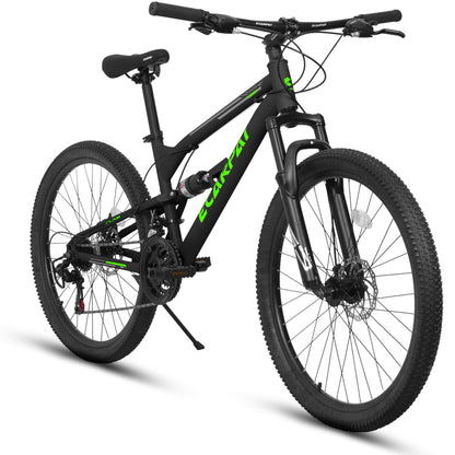 26 Inch Mountain Bike, 21-Speed Mountain Bicycle with Full Suspension and Dual Disc Brakes Thumb Shifter, High Carbon Steel Frame MTB Bike for Teenagers Adult Men Women Trail Commuter, Black-Green