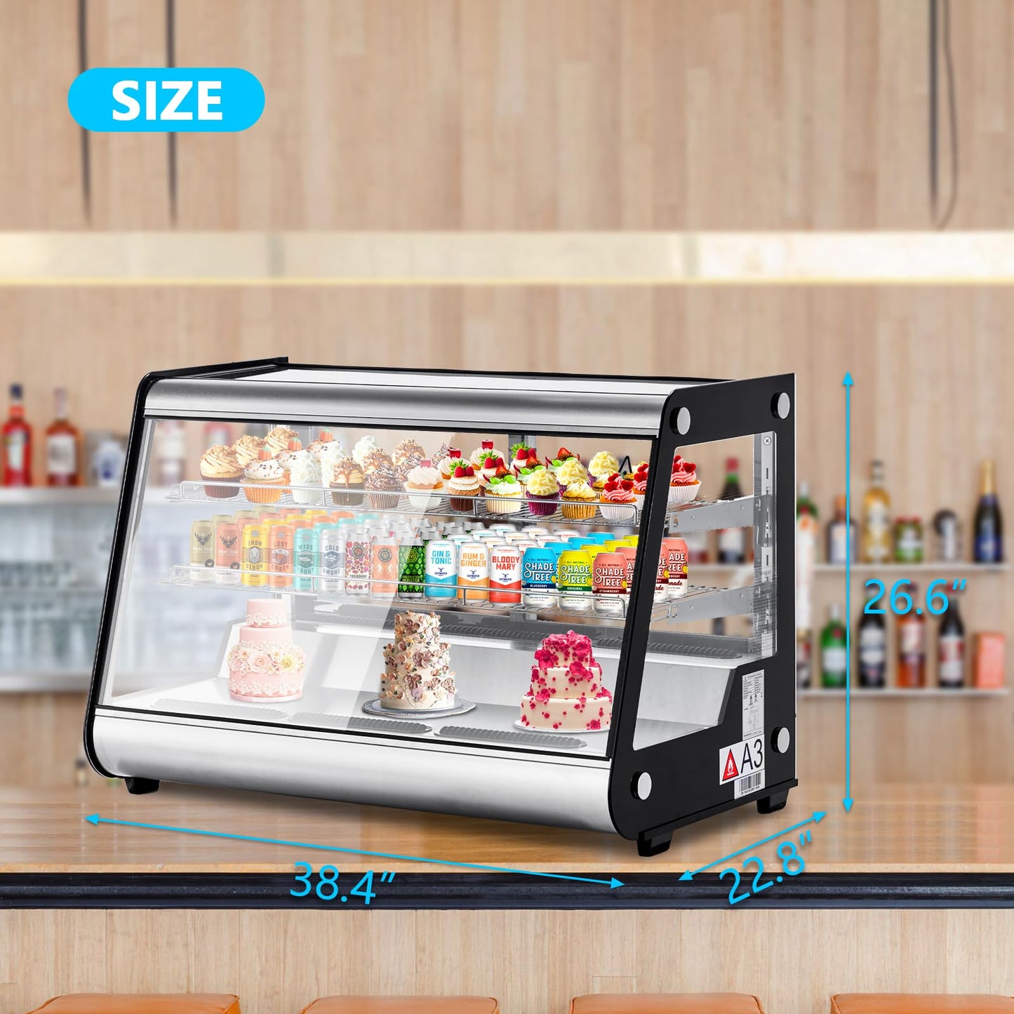 6.5 Cu.ft Commercial Countertop Refrigerators Display Case, Stainless Steel Beverage Refrigerator with LED Lighting, Auto Defrost, Adjustable Shelves, Rear Sliding Door for Cafe, Restaurant, Bakery