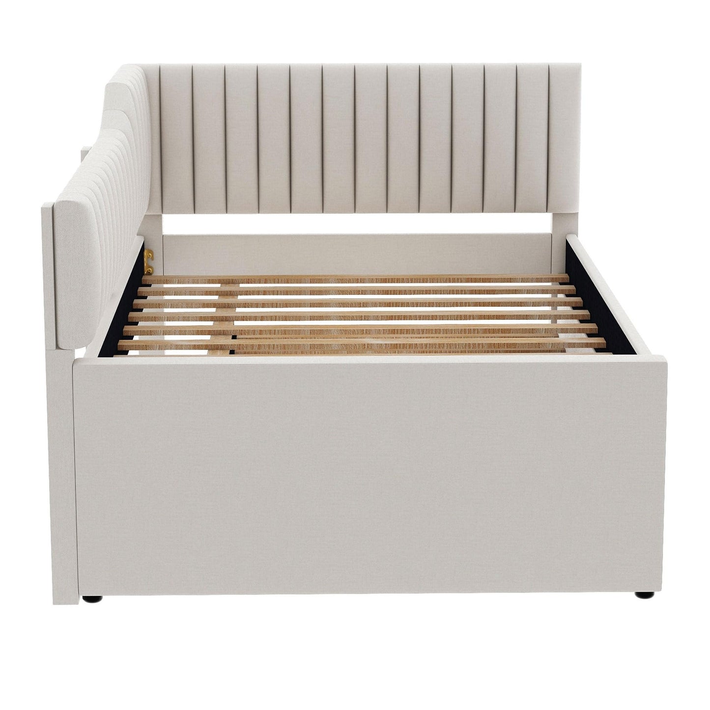 Merax Full Size Upholstered Wood Daybed Extendable Sofa Bed with Trundle and Three Storage Drawers for Living Room Guest Room, Beige