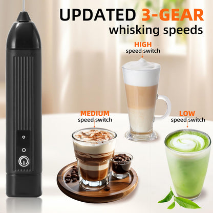 Rechargeable Milk Frother Handheld, 3 Speeds Electric Coffee Mixer Wand with Stainless Steel Whisk for Hot Chocolate, Eggs, Latte, Cappuccino (Black)