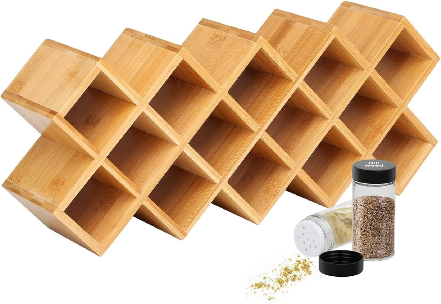 18-Jar Countertop Counter, Criss-Cross Bamboo Spice Rack Organizer, Kitchen Cabinet Cupboard Wall Mount Door Spice