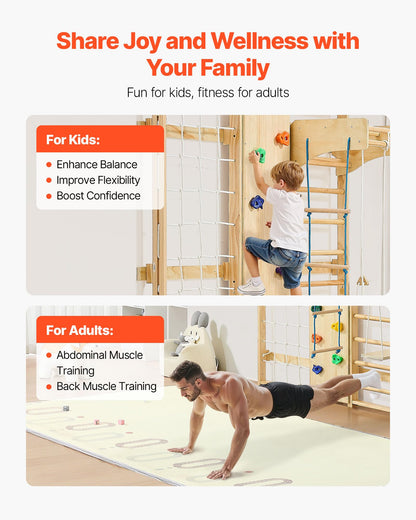 VEVOR Swedish Ladder Wall Gym, 9-in-1 12-Level Solid Wood Gymnastic Stall Bars for Kids Adults, 220LBS Indoor Jungle Gym with Rock Climbing Wall, Gym Rings, Pull-Up Bar, Climbing Board, Slide, Swing