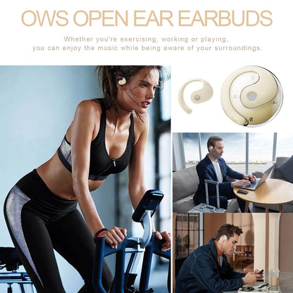 Open Ear Headphones Wireless Bluetooth 5.4, Air Conduction Wireless Bluetooth Earphone, OWS Hanging Earphones with Earhooks and Mic, Open Ear Earbuds IPX5 Waterproof for Sports Gaming Driving(Khaki)