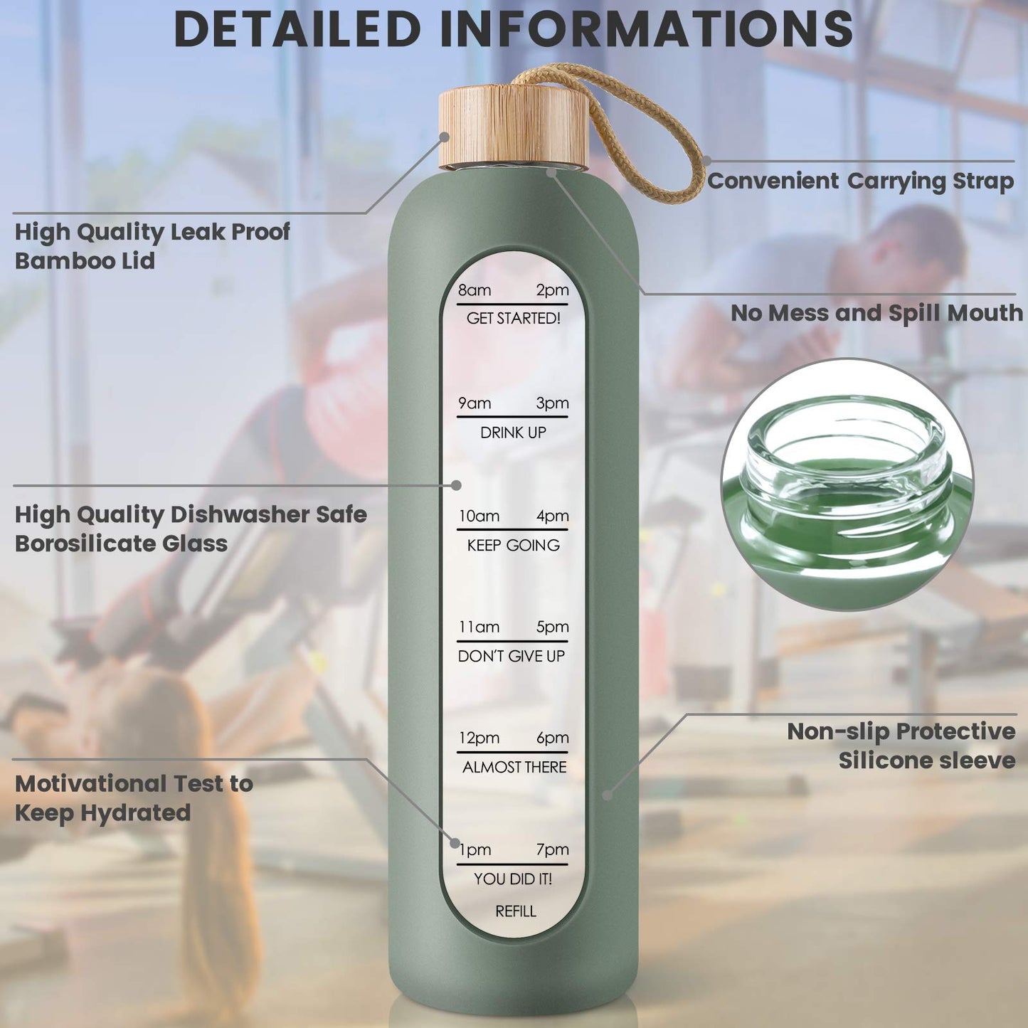 PROBTTL 32 Oz Borosilicate Glass Water Bottle with Time Marker Reminder Quotes, 1 Liter Leak Proof Reusable BPA Free Motivational Water Bottles with Silicone Sleeve and Bamboo Lid (Olive)