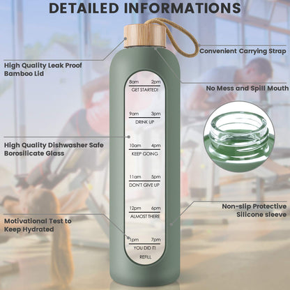 PROBTTL 32 Oz Borosilicate Glass Water Bottle with Time Marker Reminder Quotes, 1 Liter Leak Proof Reusable BPA Free Motivational Water Bottles with Silicone Sleeve and Bamboo Lid (Olive)