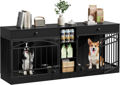 GAOMON Dog Crate Furniture for 2 Dogs, 78.7'' Large Dog Kennel Indoor with 2 Storage Drawers, 3 Shelves and Feeding Bowls, Double Dog Crate TV Stand for Small and Medium Dogs, Black