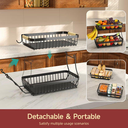 Sevenblue 2 Tier Large Fruit Basket for Kitchen Counter with 2 Mobile Banana Hangers, 2026 Pro Detachable Metal Fruit Bowl with Wooden Handle, Fruit Holder for Bread Snack Veggies with Protective Mats