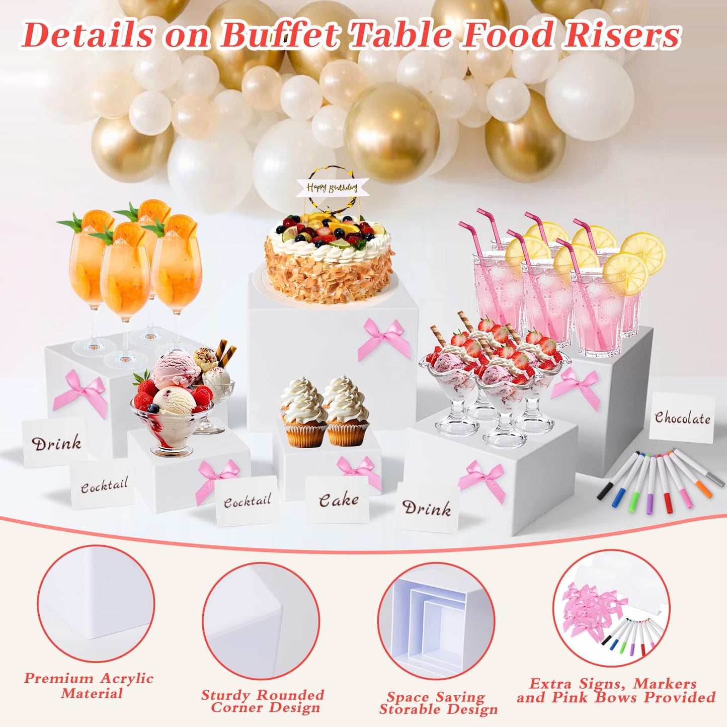 Hokimder 6 Pcs Acrylic Buffet Risers with Mini Signs and Makers, White Food Risers with Bowknot and Hollow Bottoms, Food Display Stands for Party, Dessert, Jewelry & Collectibles (8",7",6",5",4",4")