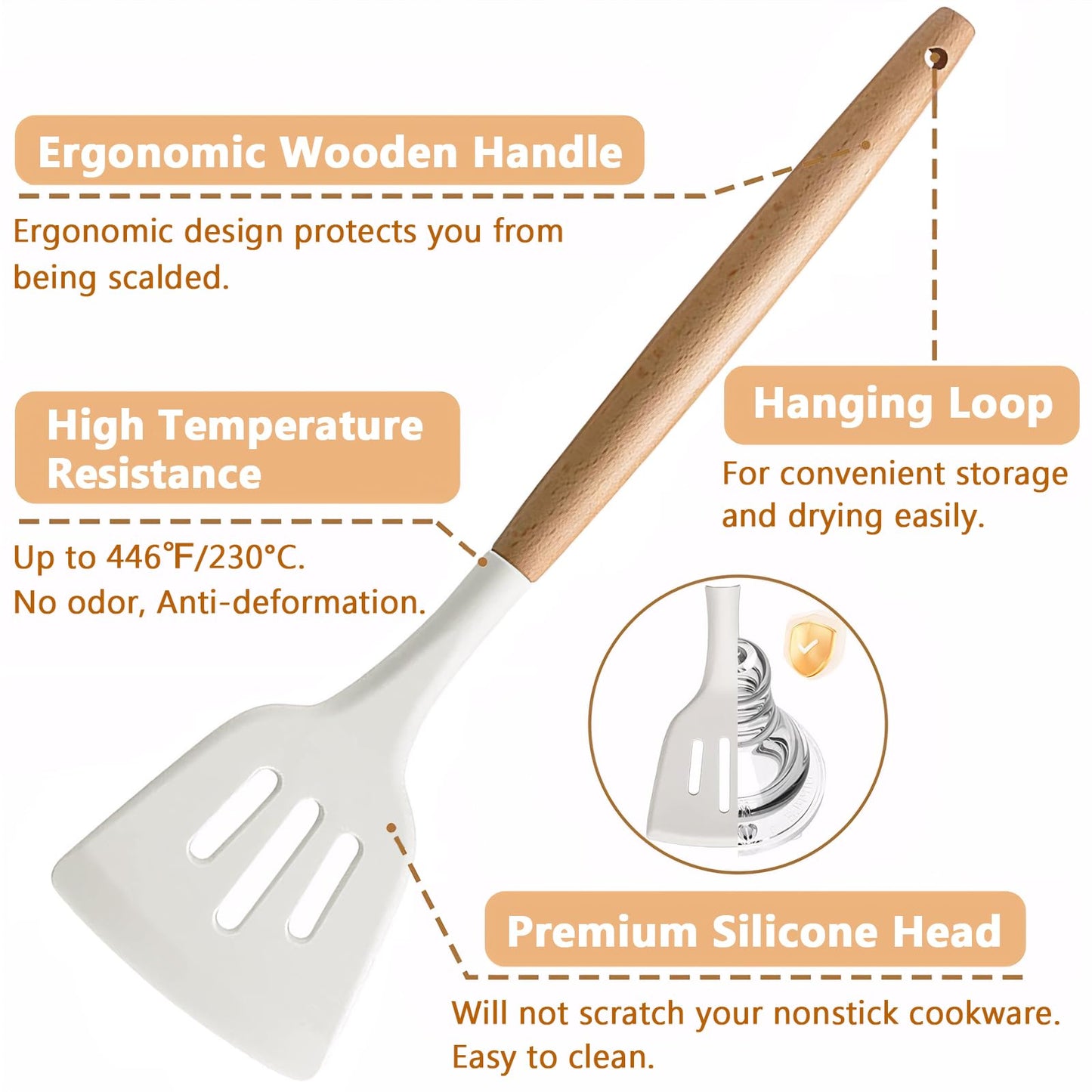 IOCBYHZ Kitchen Cooking Utensils Set 6Pcs Non-Stick Silicone Kitchen Utensils Spatula Spoon Turner Ladle Pasta Server, Heat Resistant Wooden Handle Silicone Cooking Gadgets Sets for Cookware & Baking