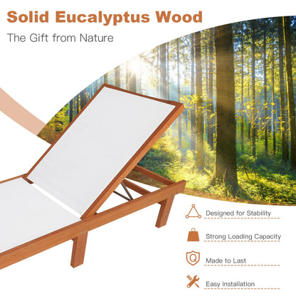 COSTWAY Set of 2 Patio Wood Chaise Lounge Chair, Strong Eucalyptus Wood Frame, 5-Position Adjustable Outdoor Recliner with White Mesh (White)