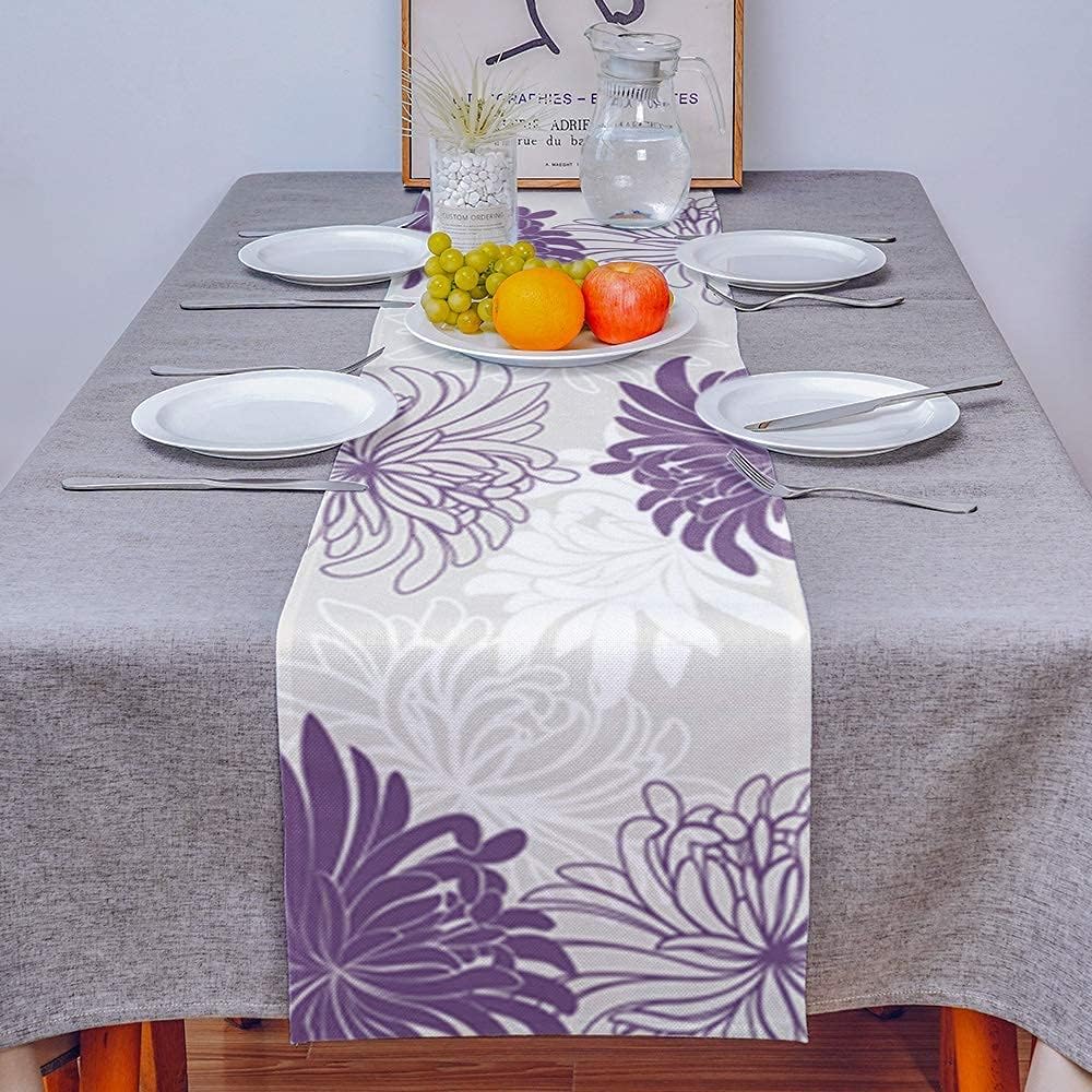 Table Runner, Chrysanthemum Flower Purple White Dresser Scarves for Holiday Dinner Parties, 13x120inch