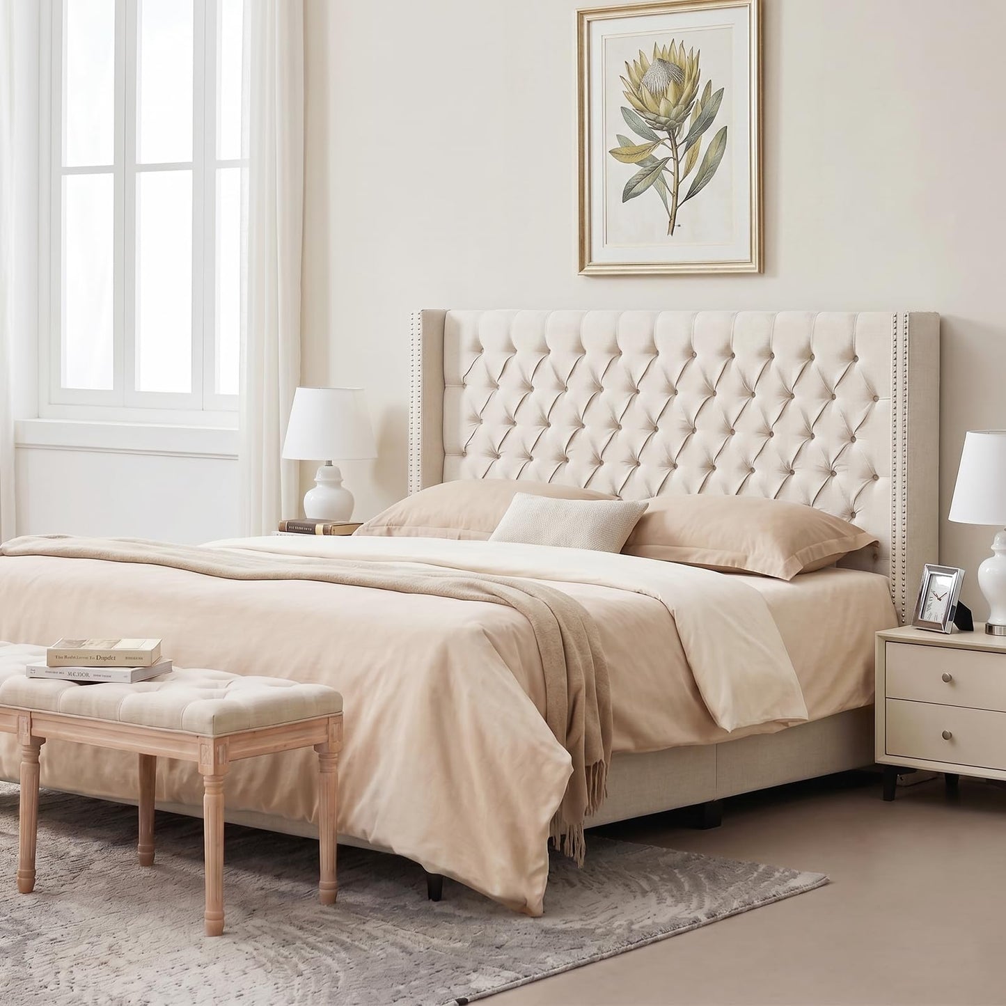 Madison Park Amelia Upholstered Headboard | Nail Head Trim Wingback Button Tufted | King, Cream