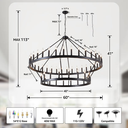 VBKK 60-Inch Black Extra Large Wagon Wheel Chandelier, 2 Tier 54-Light Farmhouse Chandeliers Industrial Round High Ceiling Pendant Light for Dining Room, Living Room, Entryway, E12