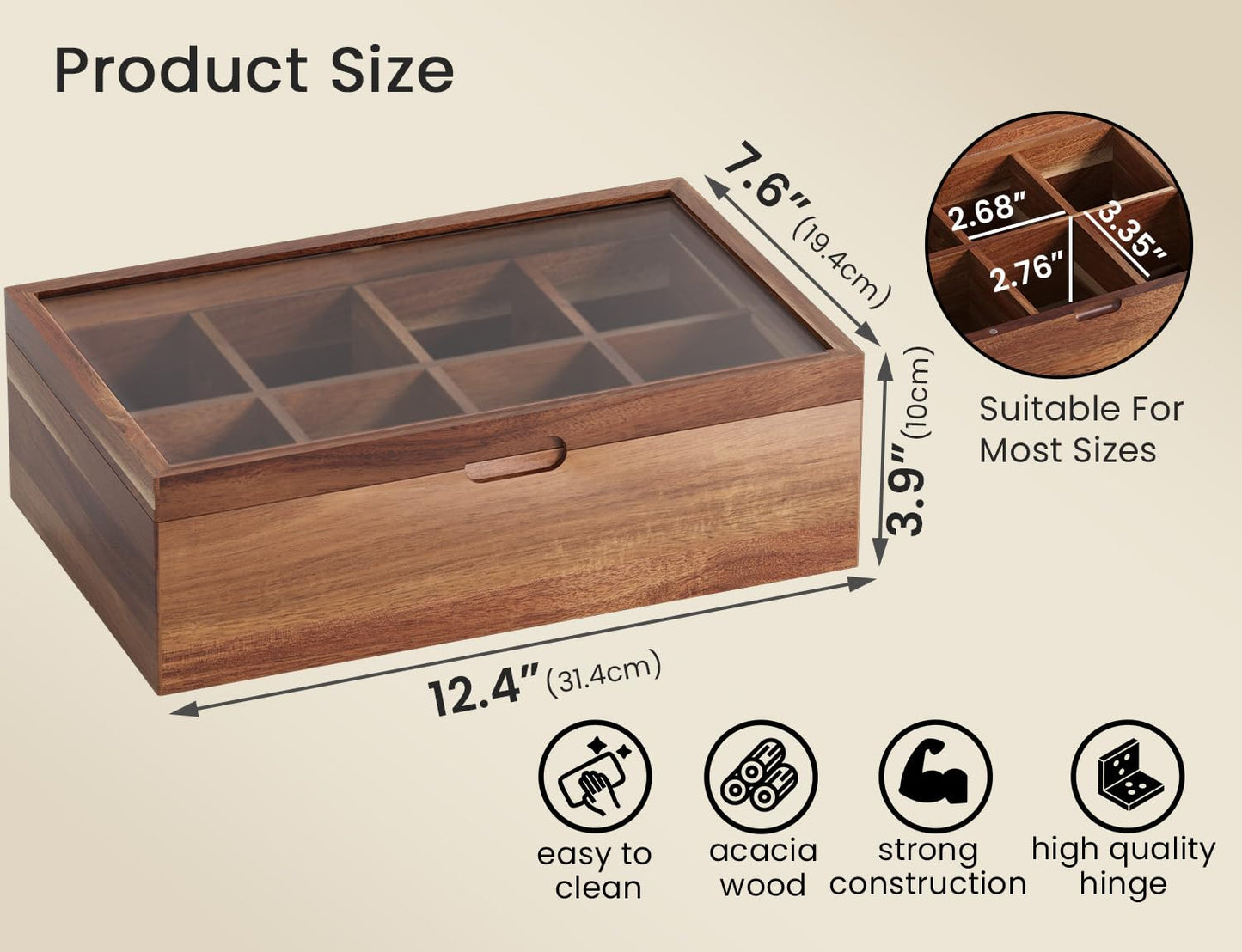 Danfoxer Acacia Wood Tea Bag Organizers, Tea and Sugar Packet Storage Chest,Wooden Teabag Holder Containers,Teabox Storage Box with 8 Compartments and Clear Acrylic Top Window