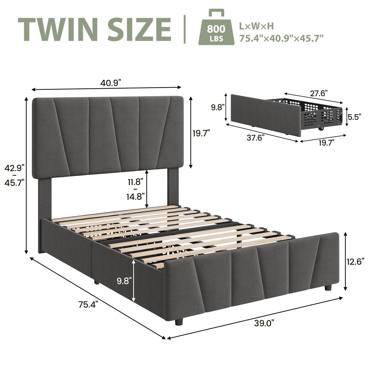 Twin Size Bed Frame with Upholstered Headboard & 2 Storage Drawers with Wheels, Platform Bed Frame with Wooden Slat Support, Adjustable Headboard, No Box Spring Needed, Noise-Free, for Bedroom