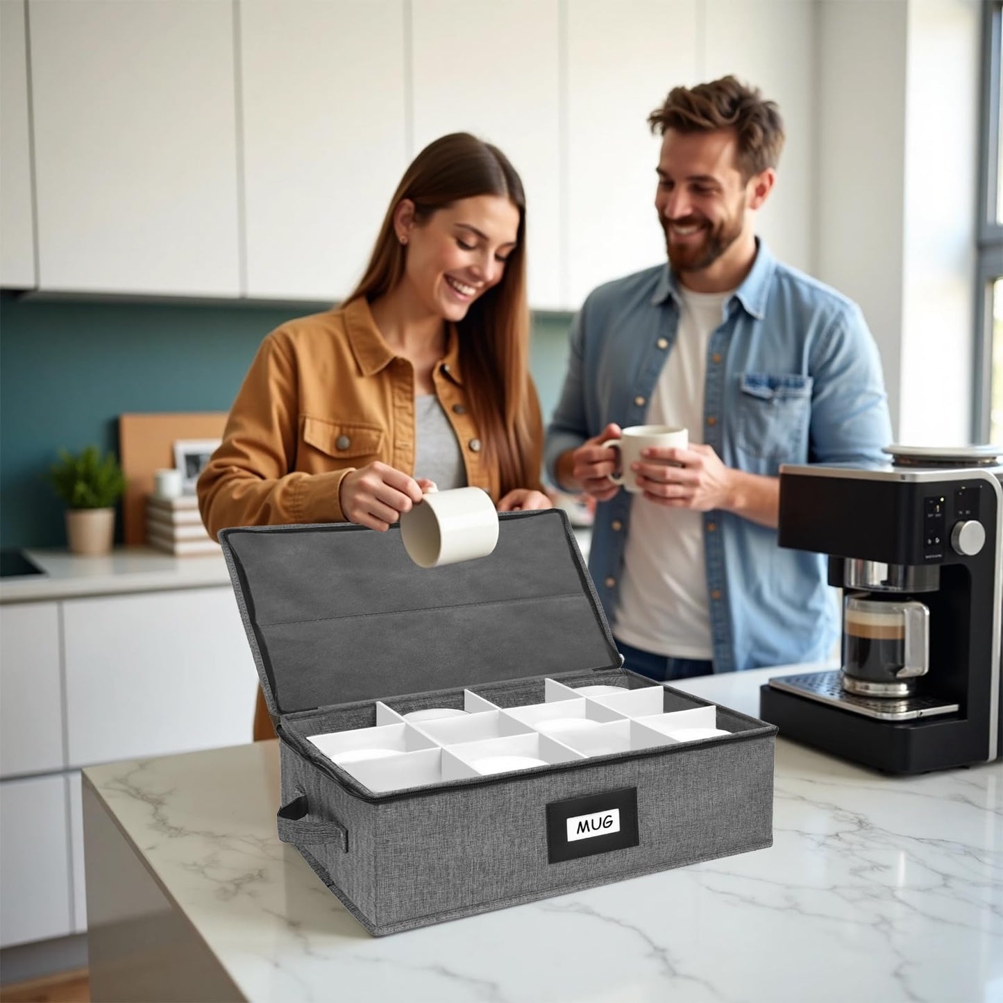 HURZMORO Mug Storage Box with 12 Compartments, Gray Hard Shell Container, Padded Dividers, Dual Handles, Zipper Lid for Coffee Cup Organization and Moving (1, Coffee Cup Storage Box)