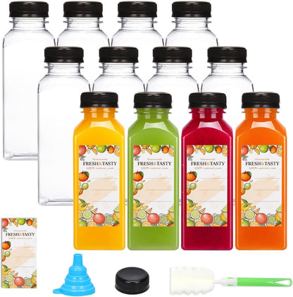 12pcs 12oz TOMNK Juice Bottles, Reusable Plastic Juice Containers Bottles with Caps and Labels, Funnel, Brush Beverage