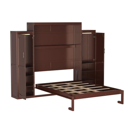 Ball & Cast Murphy Bed Queen Size,Wood Foldable Wall Bed with 2 Sides Wardrobe and Storage Shelf, Hidden Cabinet Bed Frame for Bedroom,Guest Room,Space Saving,No Box Spring Needed,Walnut