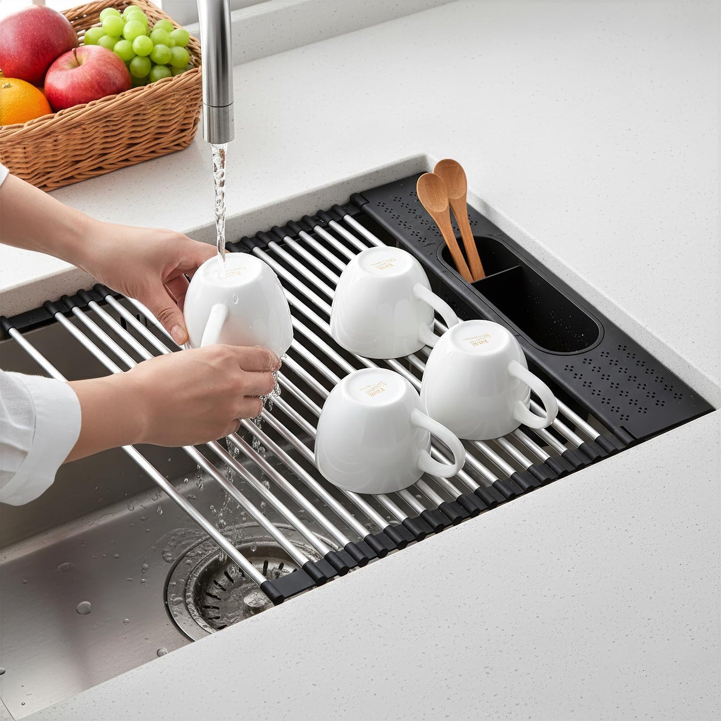 KEGFRES Roll Up Dish Drying Rack Over Sink, 17.5" x 15.2" Foldable SUS304 Stainless Steel Kitchen Dish Drainer, Heat-Resistant Multipurpose Rolling Sink Rack Organizer,Black