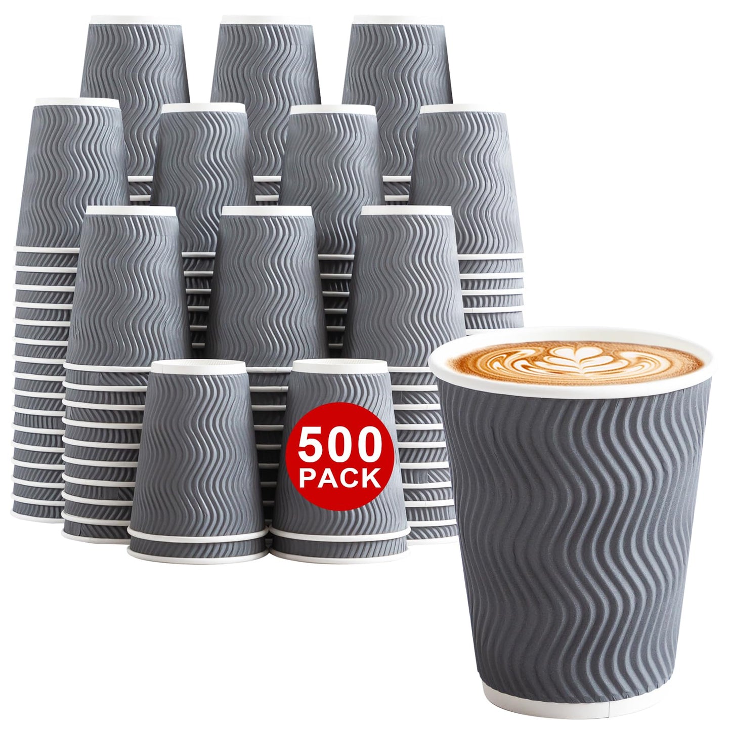 Lamosi 500 Count 12 oz Insulated Coffee Cups Bulk, Disposable Paper Cups No Lids 12oz, Corrugated Ripple Wall Design for Hot Beverage, Office, Hotel, Catering, Events, Cafe Bar Use (Grey)