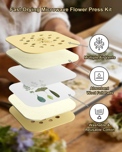 NEIGIKI Microwave Flower Press Kit, 9" Fast-Drying Flower Pressing Kit with Reusable & Washable Cloth, Vibrant Color Retention for Crafts Pressed Flowers, DIY Arts, Great Gifts for Adults & Kids