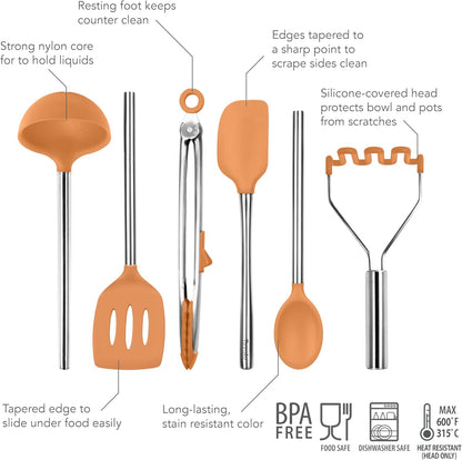 Tovolo 6-Piece Premium Silicone Utensil Set (Apricot), Essential Kitchen Tools for Home, Apartment, or College