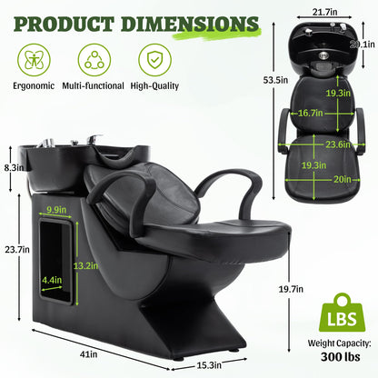 KEIKI Shampoo Bowl and Chair Set for Salon, Hair Washing Station with ABS Sink & PU Leather Chair, Ergonomic Chair with Neck Rest, Side Storage, Hot/Cold Faucet & Sprayer for Spa, Black